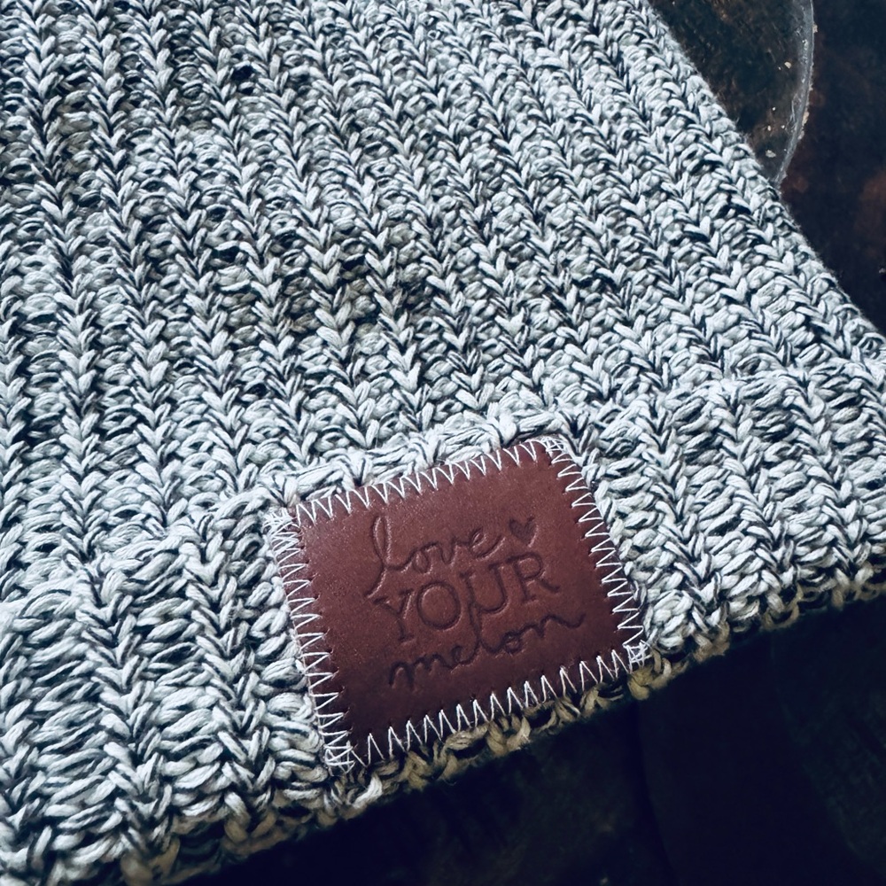 Love Your Melon Gray Knit Beanie with Brown Patch - Picture 2 of 5